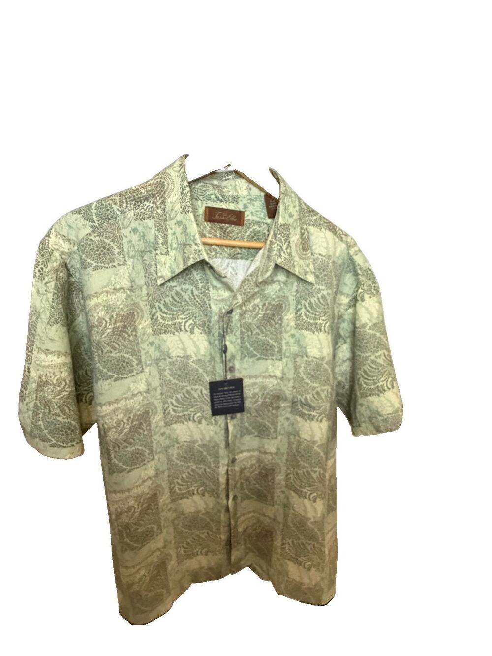 Tasso Elba Men’s L Silk Linen Shirt Sage Green Paisley Short Sleeve